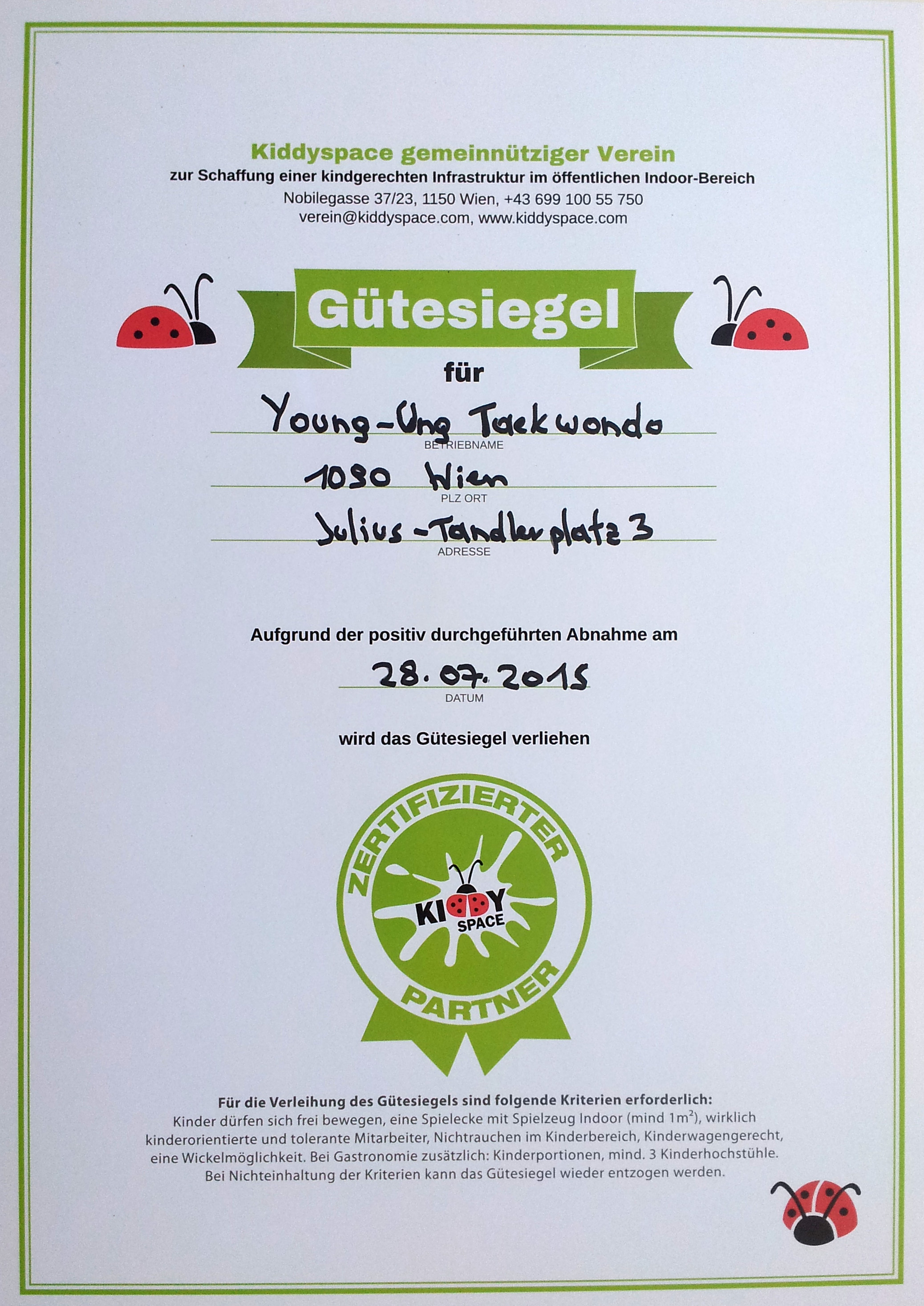 Young-Ung Taekwondo Kiddyspace Zertifikat